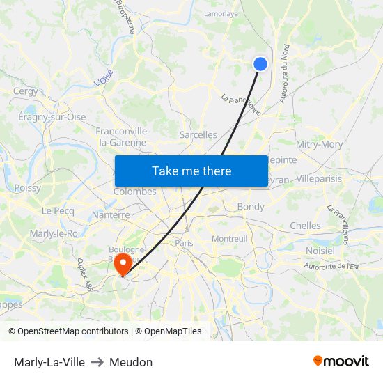 Marly-La-Ville to Meudon map