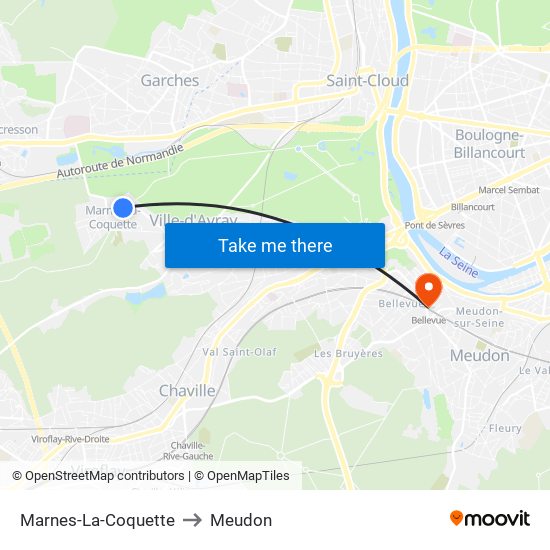 Marnes-La-Coquette to Meudon map