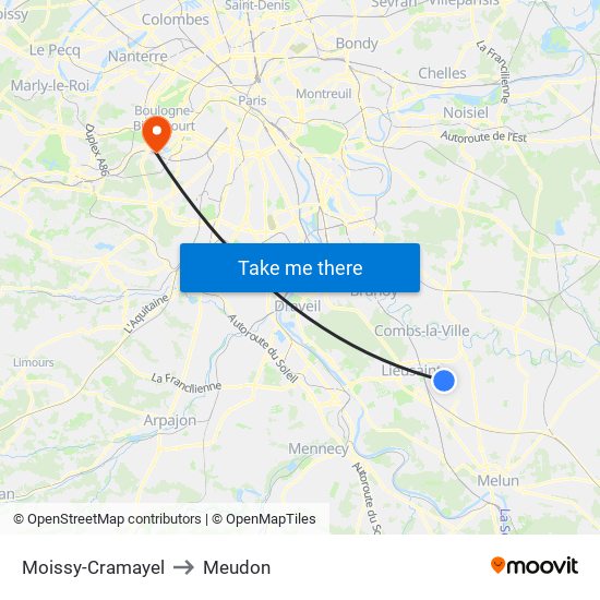 Moissy-Cramayel to Meudon map