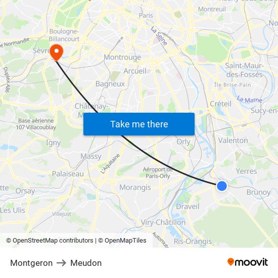 Montgeron to Meudon map