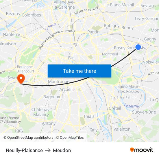 Neuilly-Plaisance to Meudon map