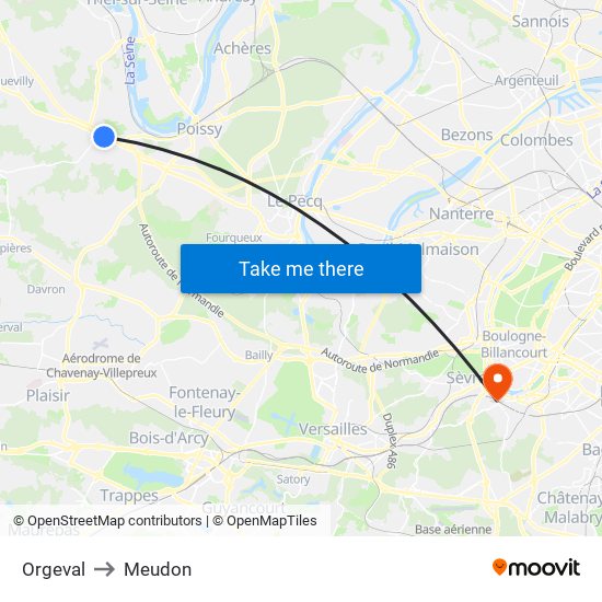 Orgeval to Meudon map