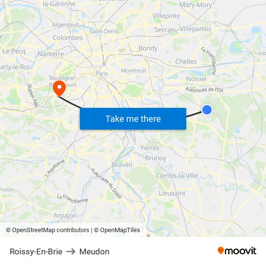 Roissy-En-Brie to Meudon map