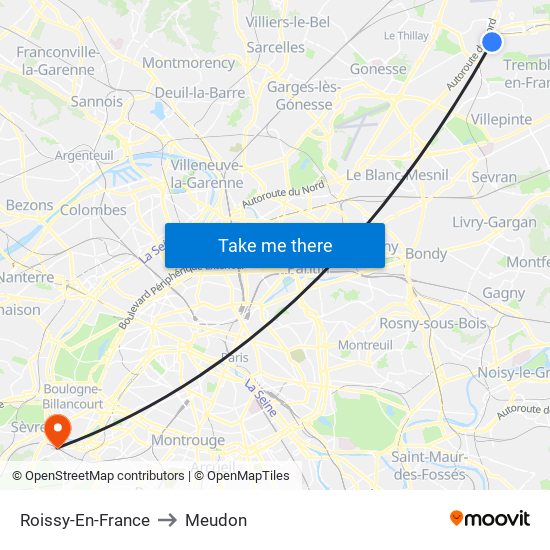 Roissy-En-France to Meudon map