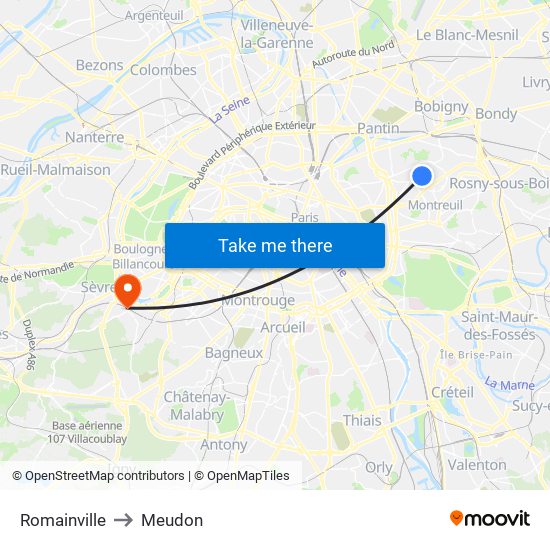 Romainville to Meudon map