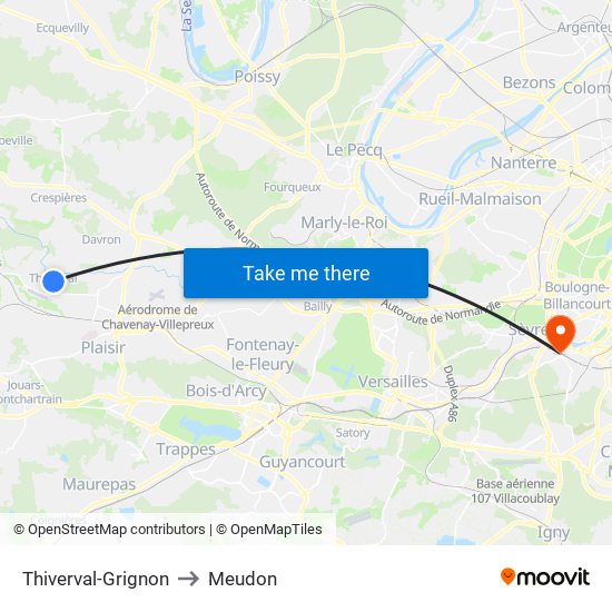 Thiverval-Grignon to Meudon map