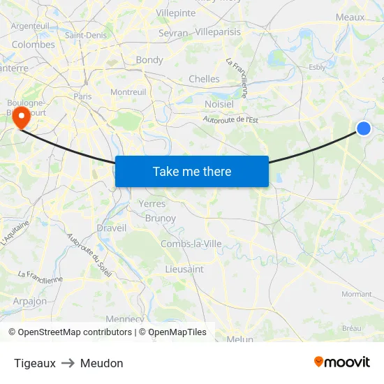 Tigeaux to Meudon map