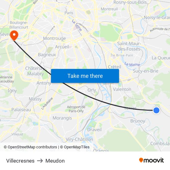 Villecresnes to Meudon map