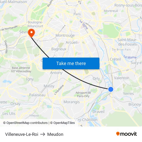 Villeneuve-Le-Roi to Meudon map