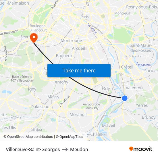 Villeneuve-Saint-Georges to Meudon map