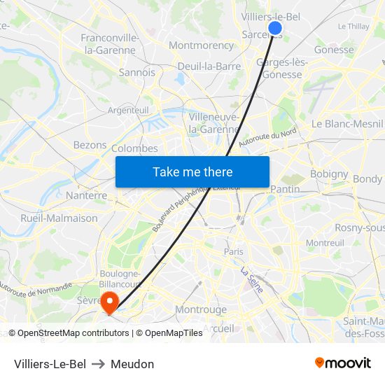 Villiers-Le-Bel to Meudon map