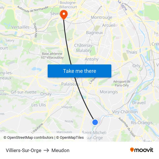 Villiers-Sur-Orge to Meudon map
