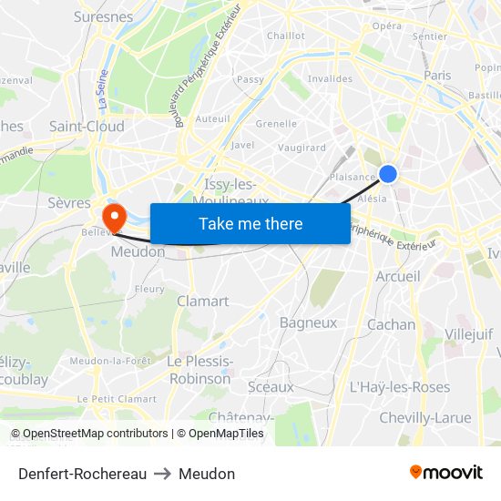 Denfert-Rochereau to Meudon map