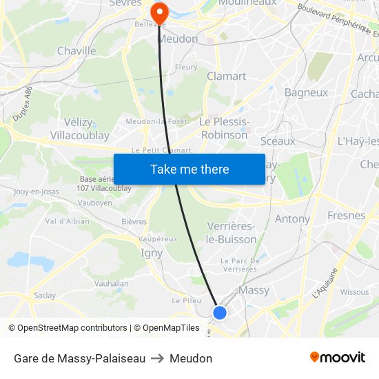 Gare de Massy-Palaiseau to Meudon map