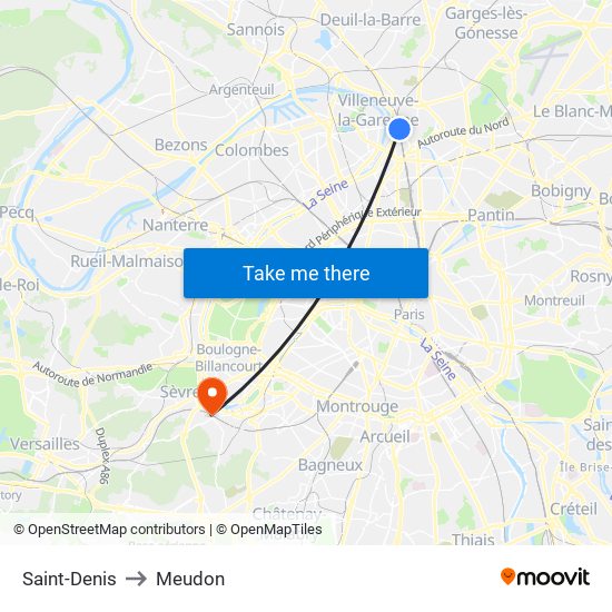 Saint-Denis to Meudon map