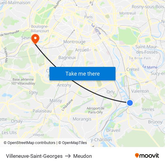 Villeneuve-Saint-Georges to Meudon map