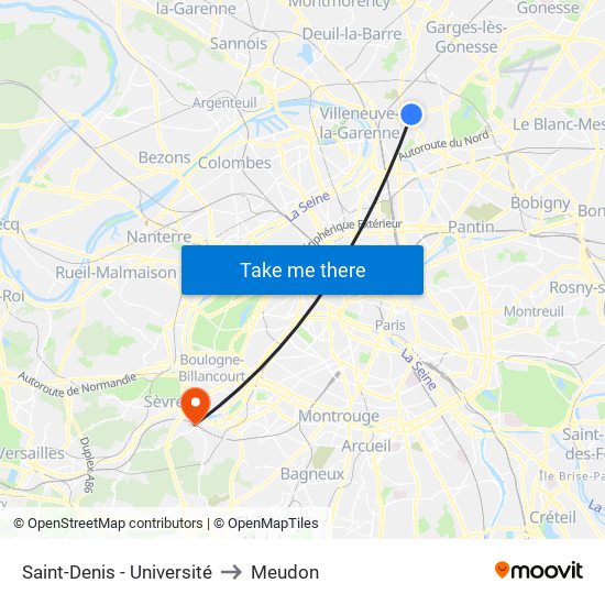 Saint-Denis - Université to Meudon map