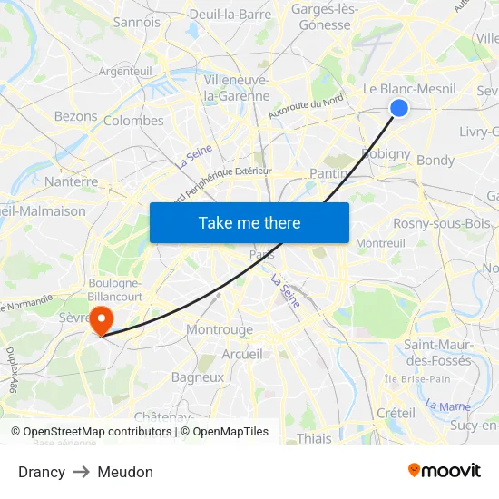 Drancy to Meudon map