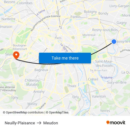 Neuilly-Plaisance to Meudon map