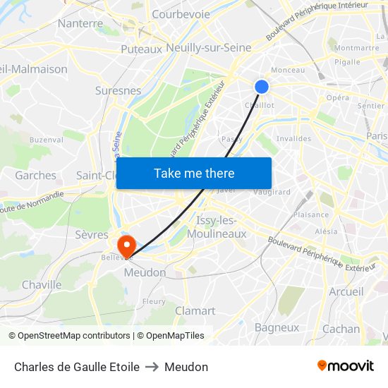 Charles de Gaulle Etoile to Meudon map