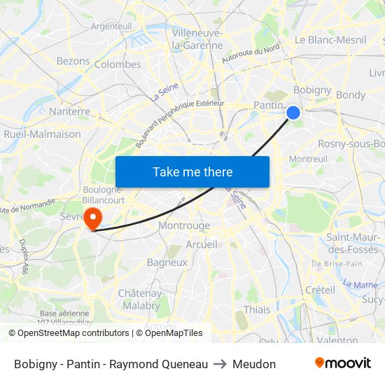 Bobigny - Pantin - Raymond Queneau to Meudon map