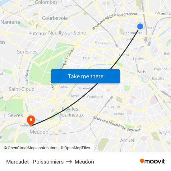 Marcadet - Poissonniers to Meudon map