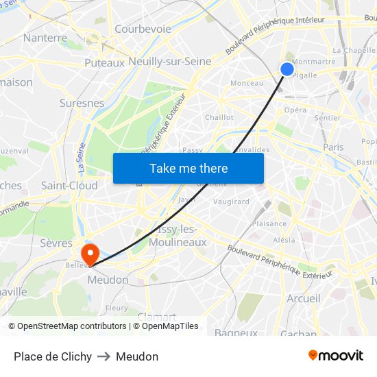 Place de Clichy to Meudon map