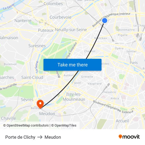 Porte de Clichy to Meudon map