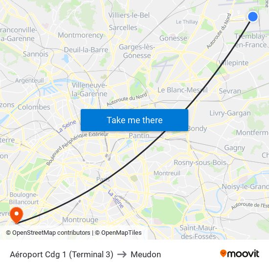 Aéroport Cdg 1 (Terminal 3) to Meudon map