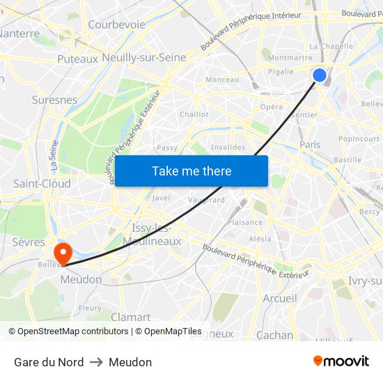 Gare du Nord to Meudon map