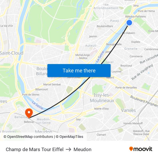 Champ de Mars Tour Eiffel to Meudon map