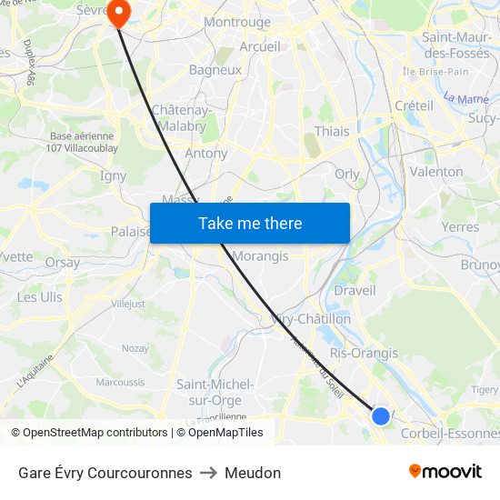 Gare Évry Courcouronnes to Meudon map