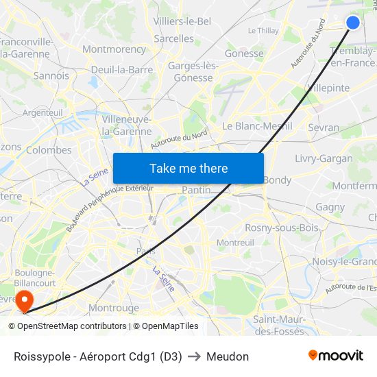 Roissypole - Aéroport Cdg1 (D3) to Meudon map