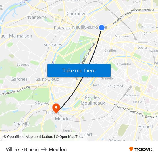 Villiers - Bineau to Meudon map