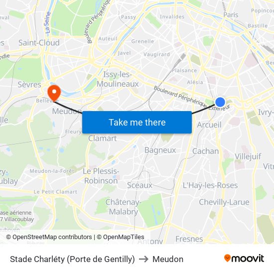 Stade Charléty (Porte de Gentilly) to Meudon map