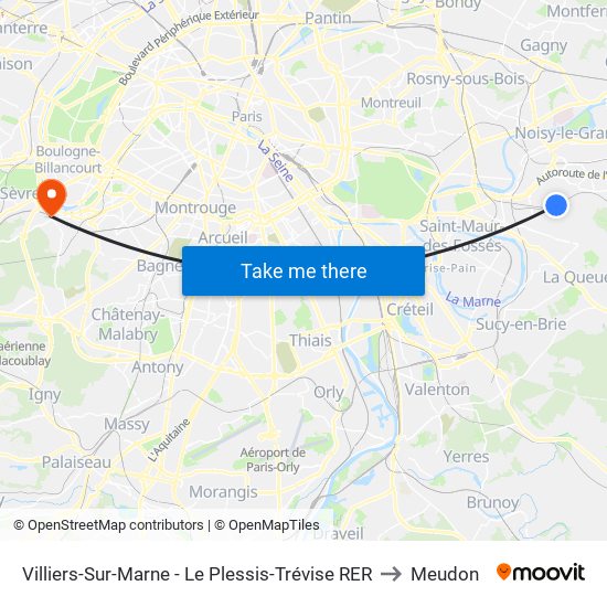 Villiers-Sur-Marne - Le Plessis-Trévise RER to Meudon map