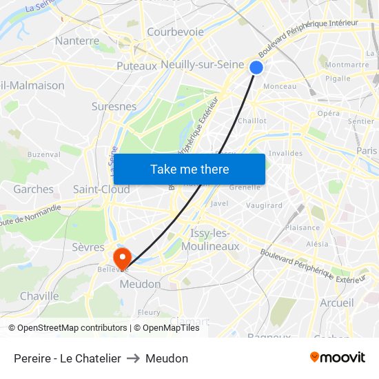 Pereire - Le Chatelier to Meudon map