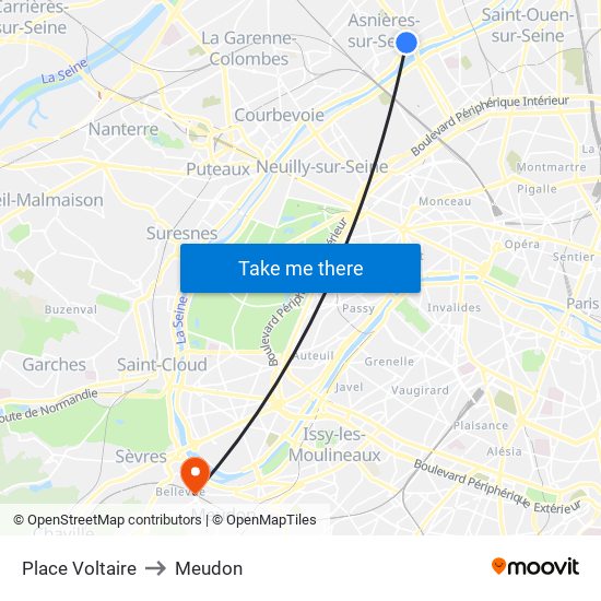 Place Voltaire to Meudon map