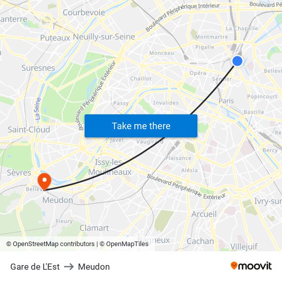 Gare de L'Est to Meudon map