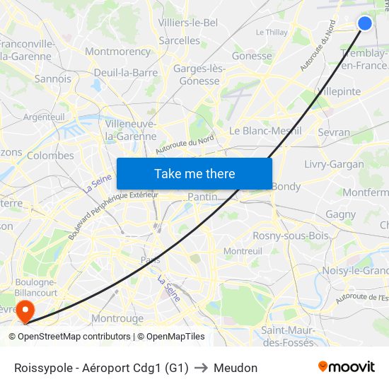 Roissypole - Aéroport Cdg1 (G1) to Meudon map