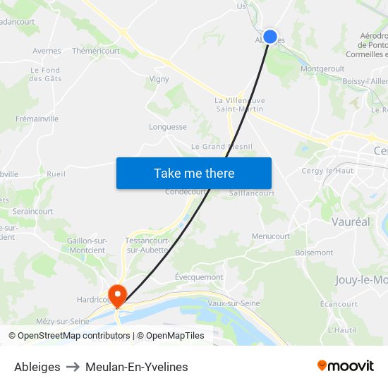 Ableiges to Meulan-En-Yvelines map