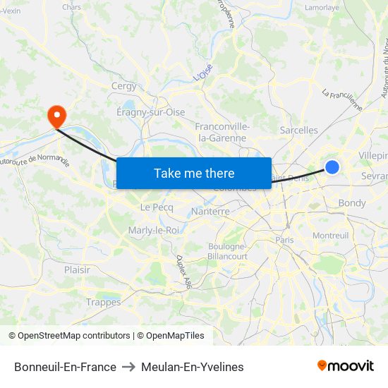 Bonneuil-En-France to Meulan-En-Yvelines map
