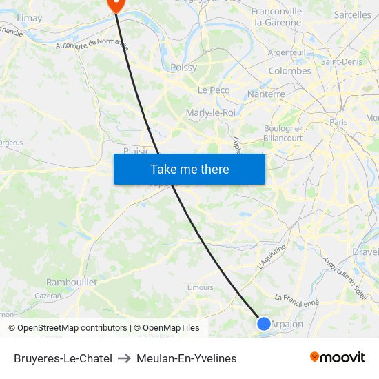 Bruyeres-Le-Chatel to Meulan-En-Yvelines map