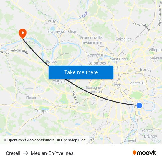 Creteil to Meulan-En-Yvelines map