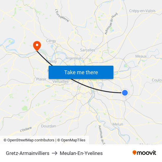 Gretz-Armainvilliers to Meulan-En-Yvelines map