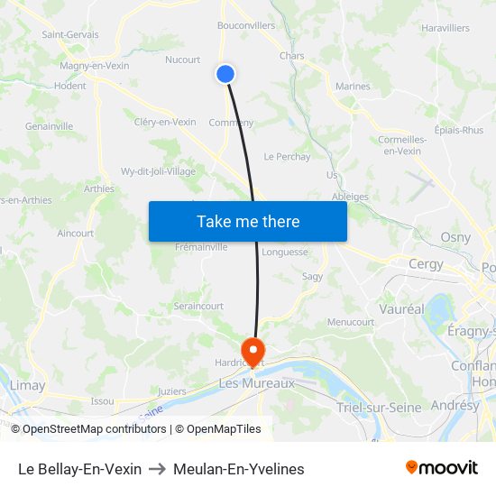 Le Bellay-En-Vexin to Meulan-En-Yvelines map