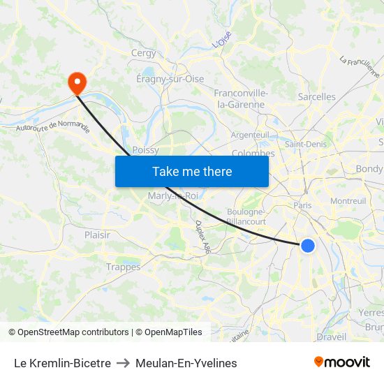 Le Kremlin-Bicetre to Meulan-En-Yvelines map