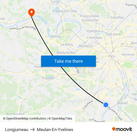 Longjumeau to Meulan-En-Yvelines map