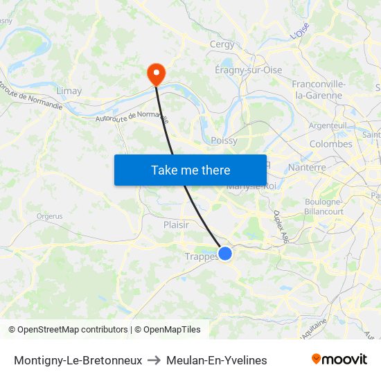 Montigny-Le-Bretonneux to Meulan-En-Yvelines map