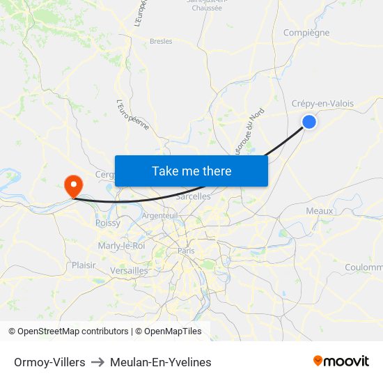 Ormoy-Villers to Meulan-En-Yvelines map